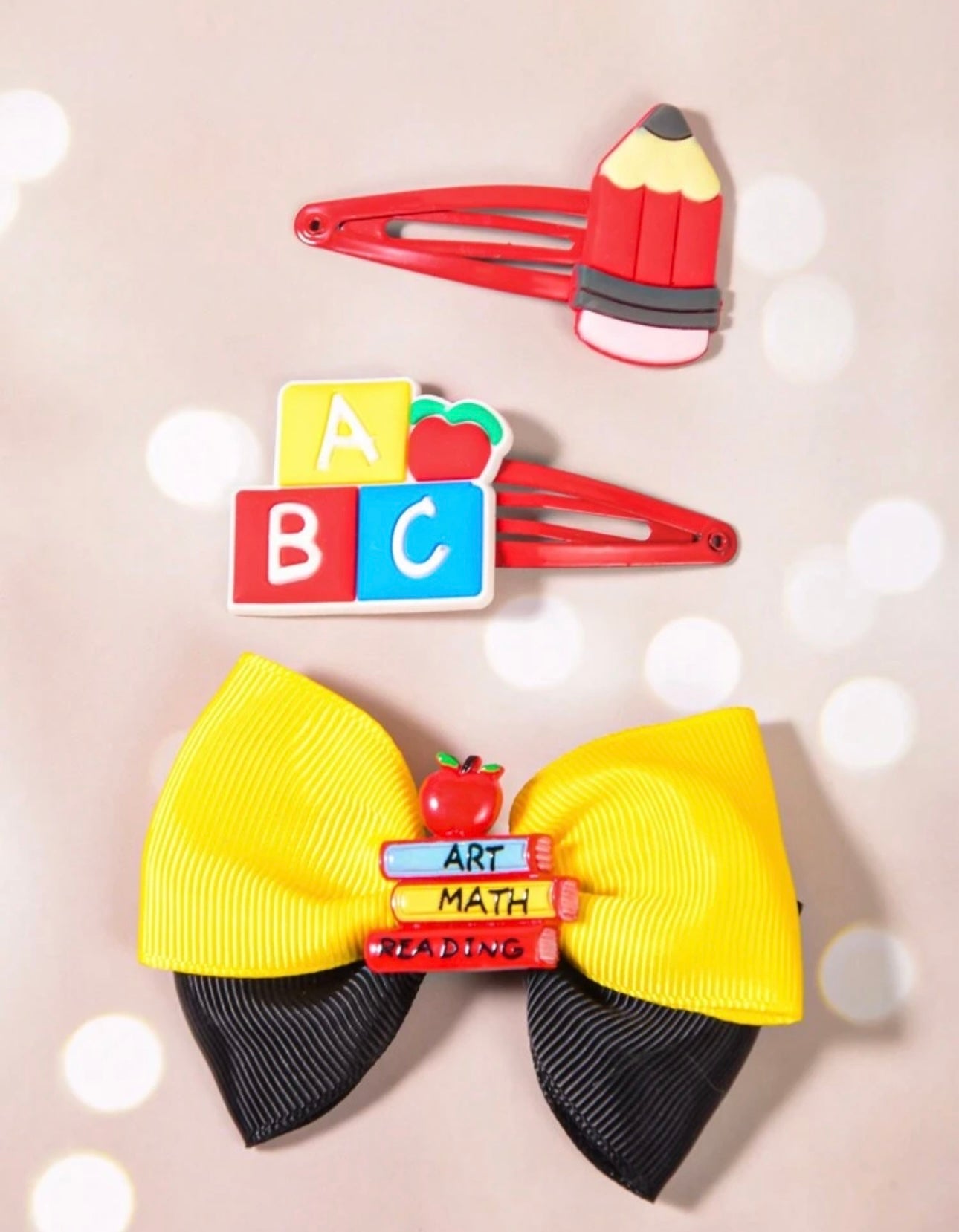 3pcs Back To School Woven Ribbon, Digital Printed Soft Ceramic Hairclips Set2