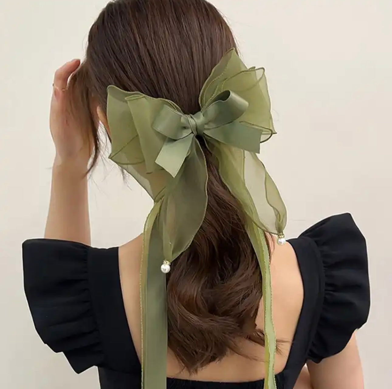 Trendy Large Barrette Hair Clip green Multi-layer Ribbon Bow Hairpins Pearls Hair Pins
