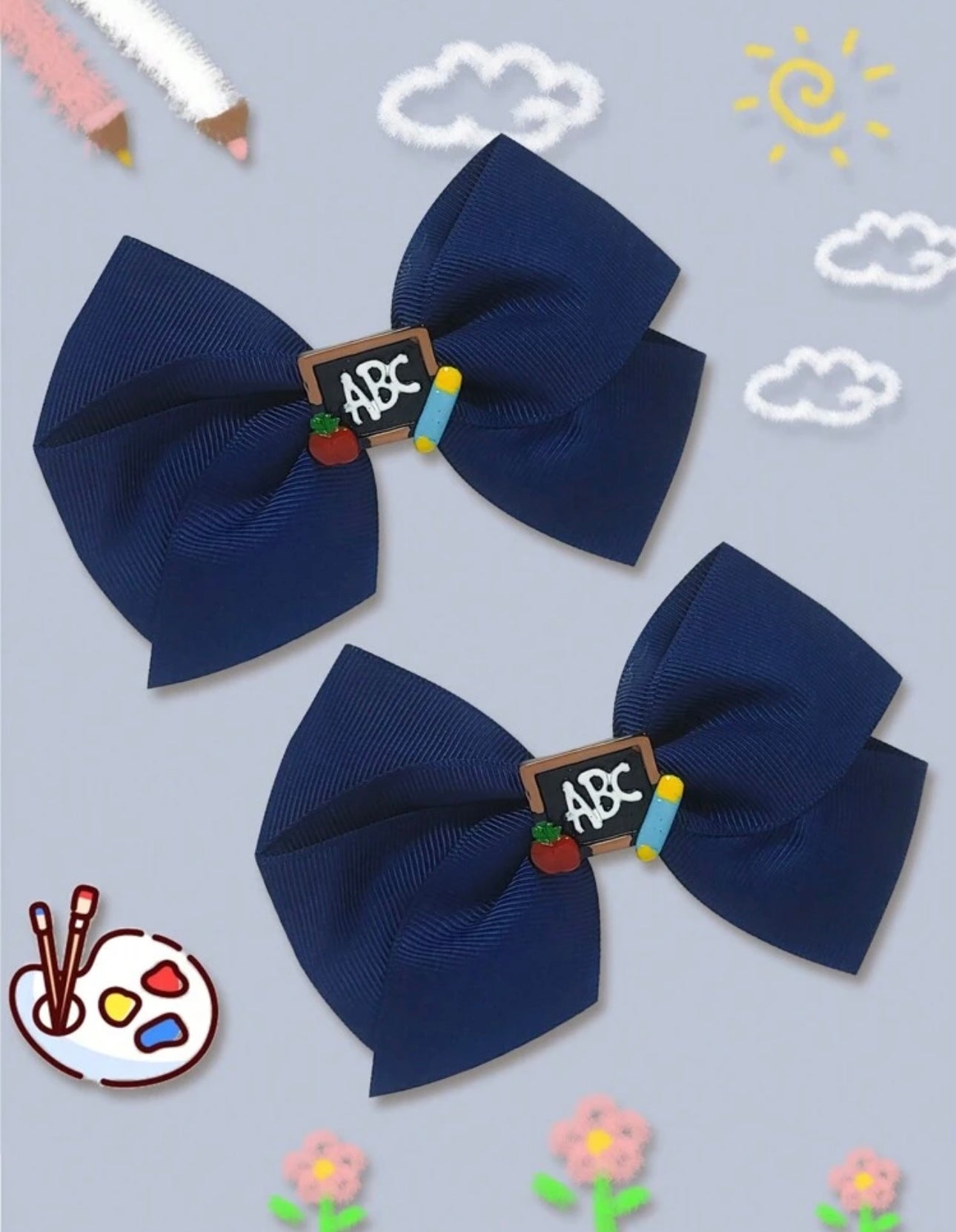 2Pcs 4 Inch ABC Hair Bow For Girls dark blue