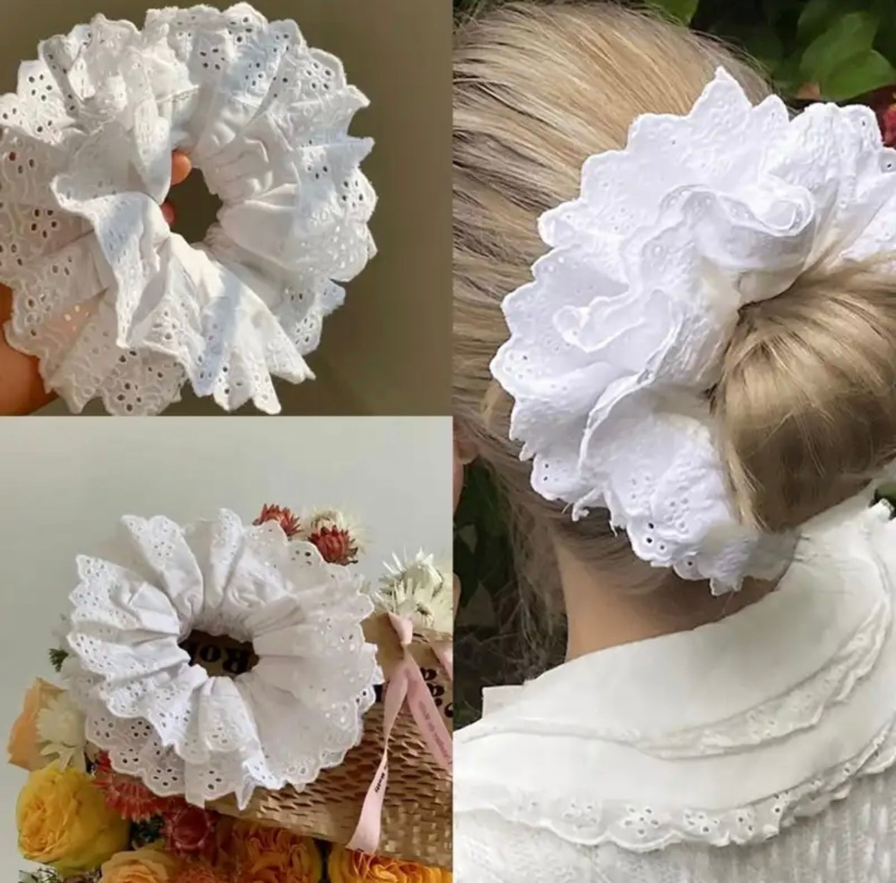 Oversized Lace French Hair Scrunchies white color