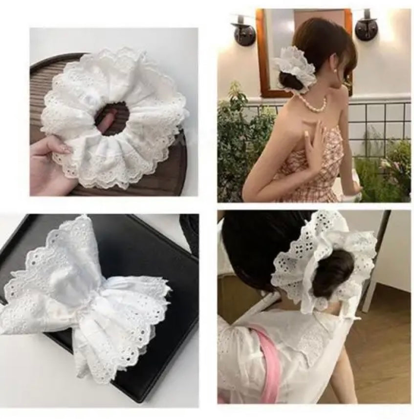 Oversized Lace French Hair Scrunchies white color