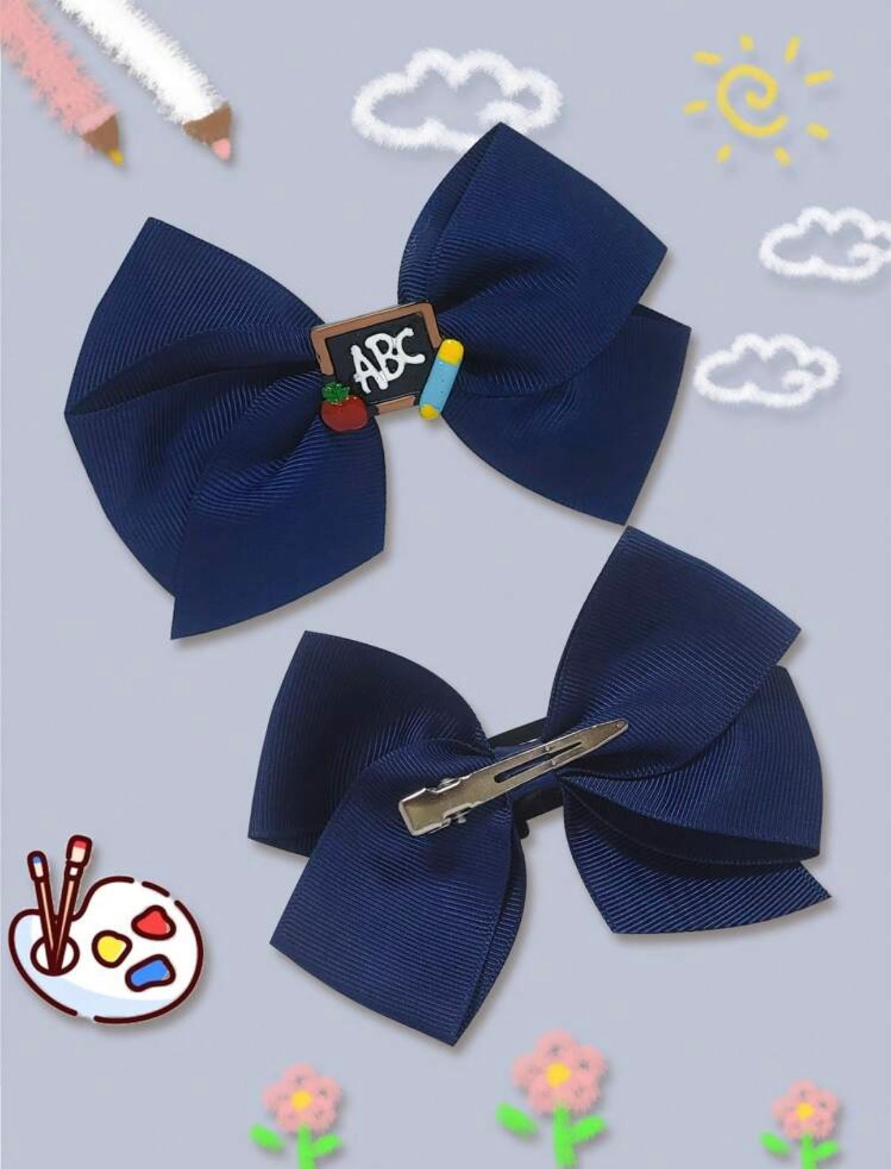 2Pcs 4 Inch ABC Hair Bow For Girls dark blue