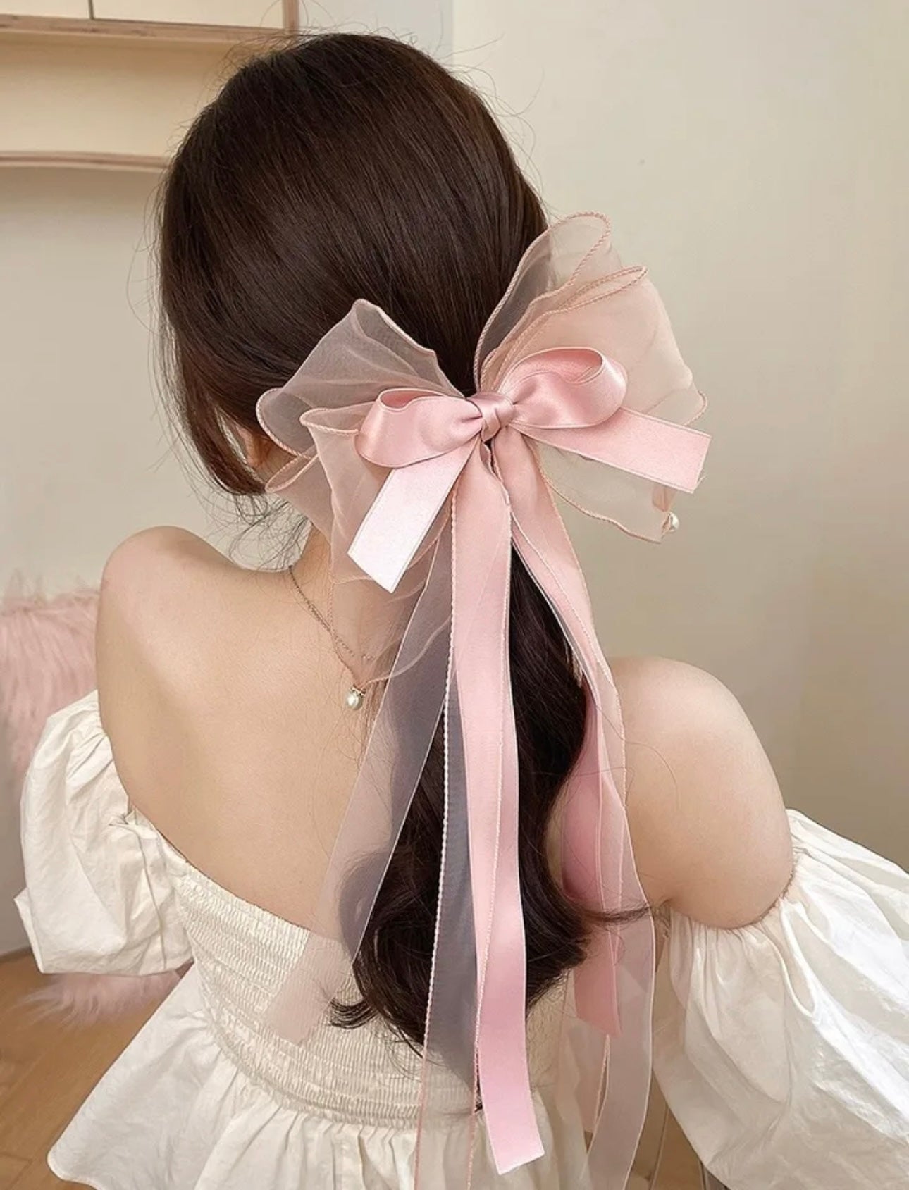 Trendy Large Barrette Hair Clip pink Multi-layer Ribbon Bow Hairpins Pearls Hair Pins