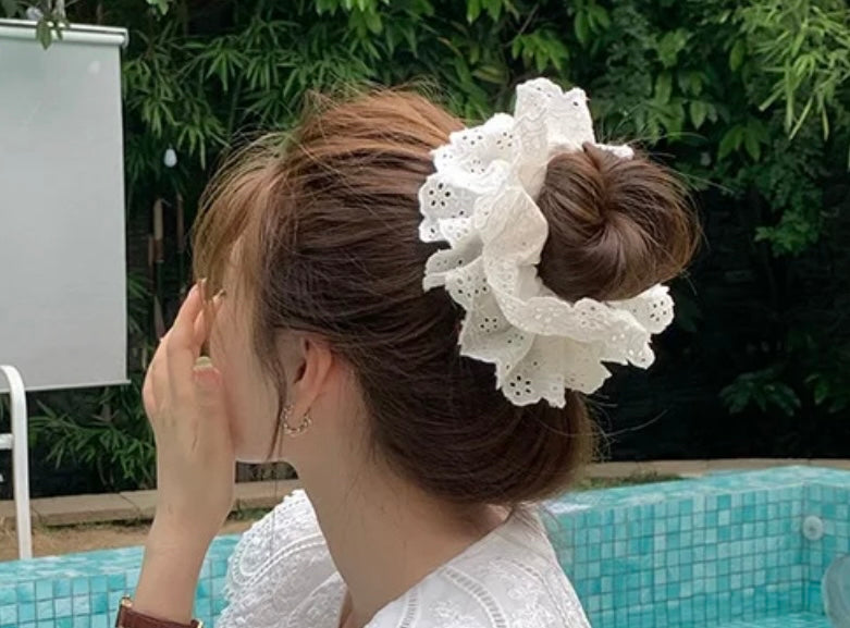 Oversized Lace French Hair Scrunchies white color