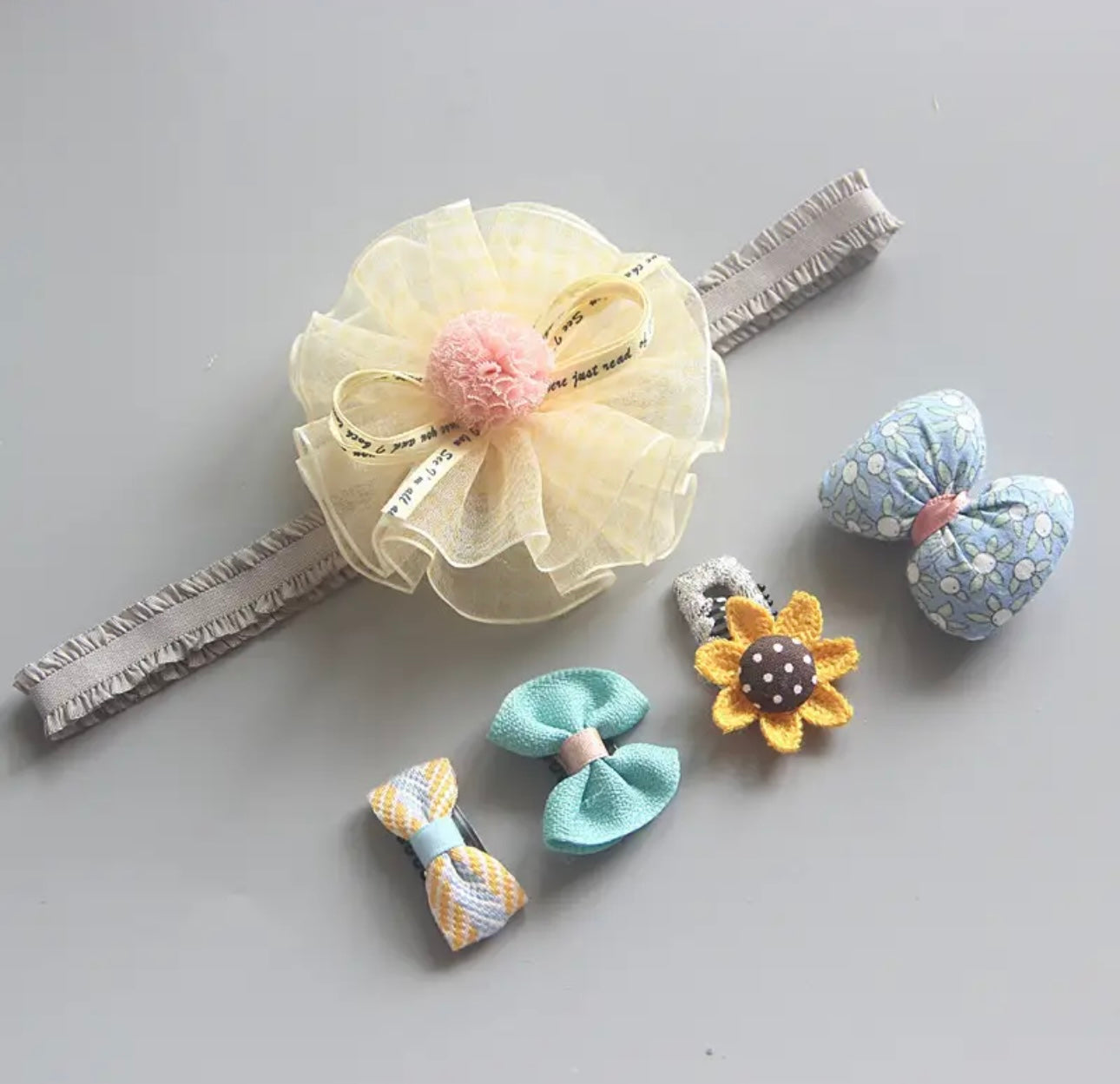 Yellow grey baby hairband & clips set 0-2 years