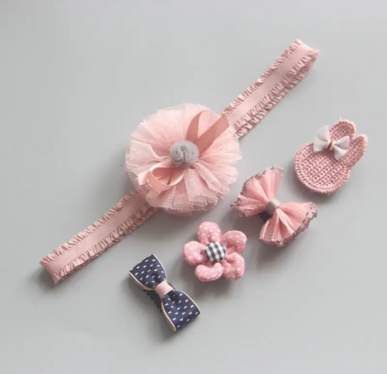 Pink rabbit baby hairband & clips set 0-2 years