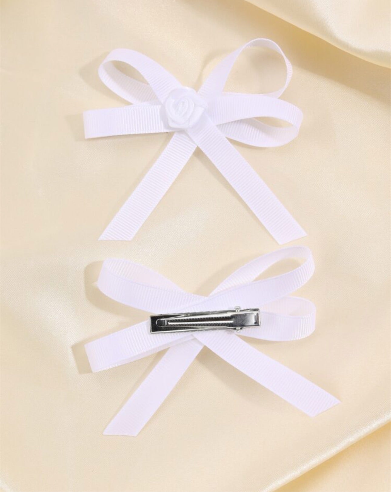 2 pcs white rose ribbon bow hair clips