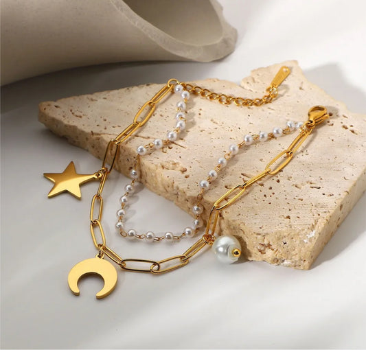 Moon star pearls bracelet gold color